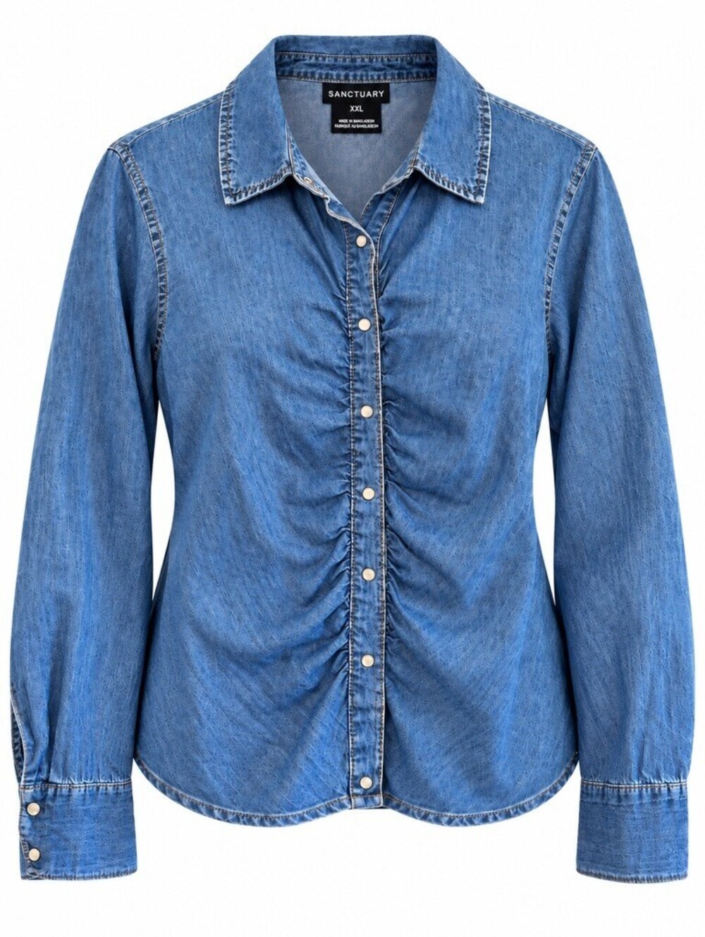 Western Denim Ruched Snap-Front Shirt XXL Fitted Waist